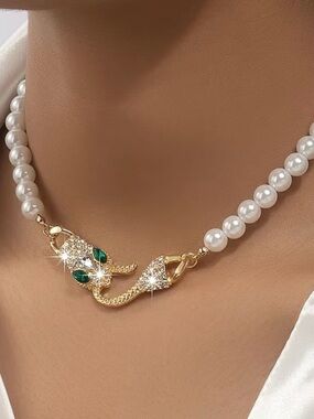NEW! Unique Gold Snake Clasp Necklace with white beads 🐍 B2-104